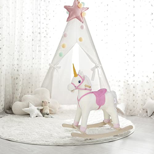 WOLTU Caballito Balancín Infantil Forma de Unicornio para Niños de 18-48 Meses, Balancín Peluche Suave con Sonidos de Galope, Mecedora con Asas, Blanco y Rosa 78x28x68 cm KSF004