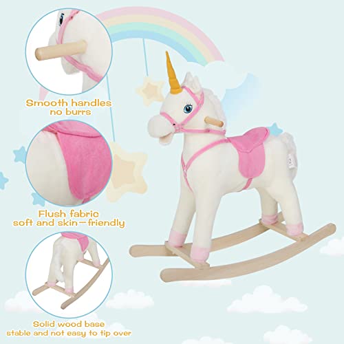 WOLTU Caballito Balancín Infantil Forma de Unicornio para Niños de 18-48 Meses, Balancín Peluche Suave con Sonidos de Galope, Mecedora con Asas, Blanco y Rosa 78x28x68 cm KSF004