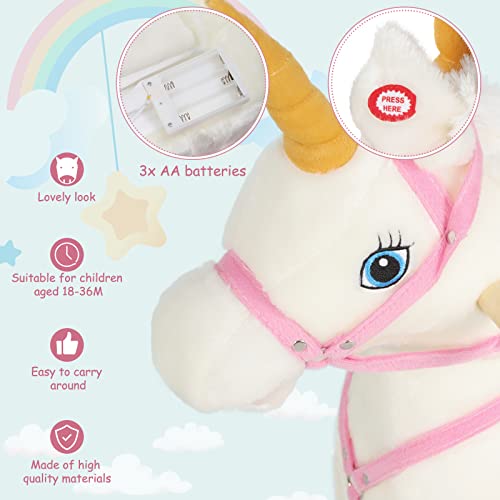 WOLTU Caballito Balancín Infantil Forma de Unicornio para Niños de 18-48 Meses, Balancín Peluche Suave con Sonidos de Galope, Mecedora con Asas, Blanco y Rosa 78x28x68 cm KSF004