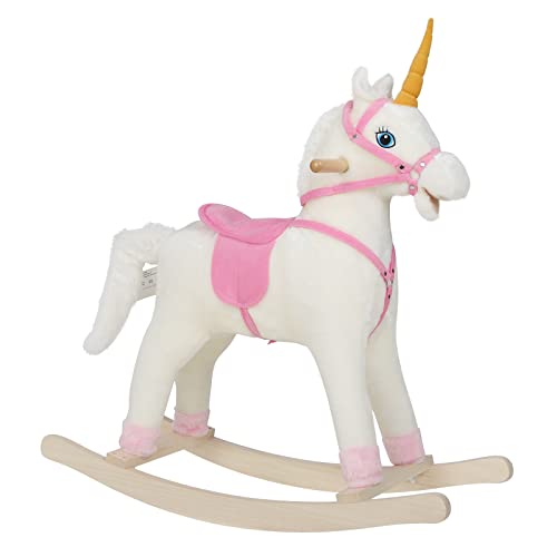 WOLTU Caballito Balancín Infantil Forma de Unicornio para Niños de 18-48 Meses, Balancín Peluche Suave con Sonidos de Galope, Mecedora con Asas, Blanco y Rosa 78x28x68 cm KSF004