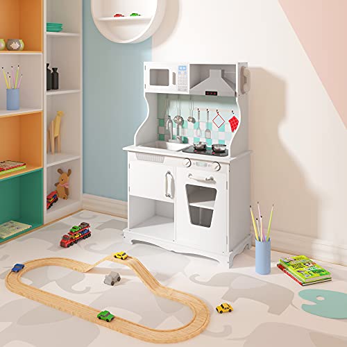 WOLTU Cocina Juguete Infantil de Madera, Cocinita con Accesorios y Utencilios, Mini Cocina Juegos de rol Infantiles con Luz y Sonidos para Niños, Blanco KKE005