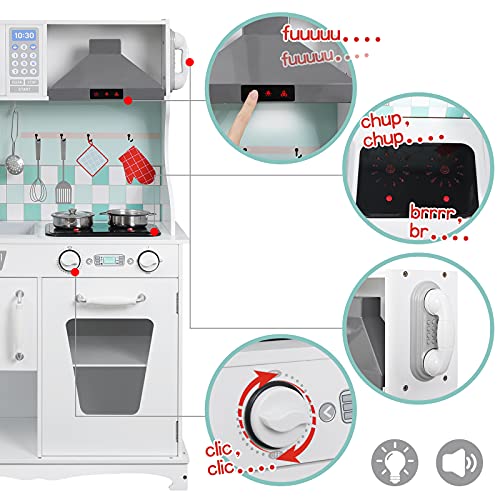 WOLTU Cocina Juguete Infantil de Madera, Cocinita con Accesorios y Utencilios, Mini Cocina Juegos de rol Infantiles con Luz y Sonidos para Niños, Blanco KKE005