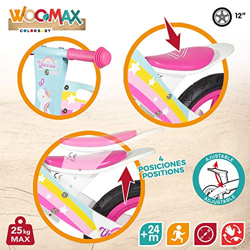 WOOMAX - Bicicleta sin pedales madera, bici sin pedales niña, de unicornio, niñas 2 años, bici madera, juguetes unicornio, bici niños 2 a 5 años, 25 kg (85373)