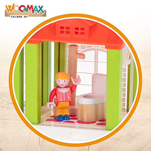 WOOMAX - Casita modular de muñecas de madera, WOOMAX, 31x10,5x23x5 cm, incluye 4 muñecos, 42 piezas, casa muñecas de madera, juego motricidad fina 3 años, + 3 años, (46442)