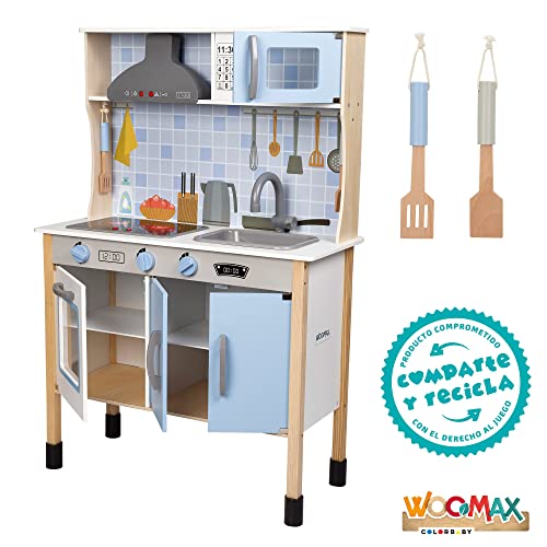 WOOMAX - Cocina juguete, Cocinita con Luz y Sonidos, Cocina juguete madera, Cocinitas de juguetes, Cocinita con Accesorios, Utensilios cocina juguete, Juguetes de madera, WOOMAX, color azul (49322)