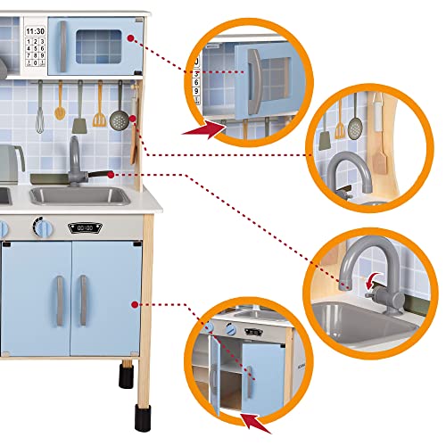 WOOMAX - Cocina juguete, Cocinita con Luz y Sonidos, Cocina juguete madera, Cocinitas de juguetes, Cocinita con Accesorios, Utensilios cocina juguete, Juguetes de madera, WOOMAX, color azul (49322)