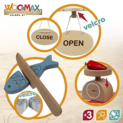 WOOMAX - Supermercado de Juguete de Madera con Accesorios Comida Juguete, Caja registradora juguete, Complementos cocinitas (85387)