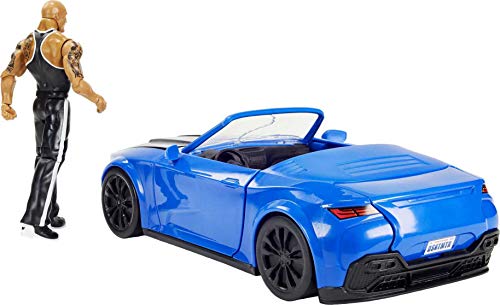 WWE The Rock con Descapotable Destrucción Total Muñeco articulado con coche de juguete con piezas desmontables y accesorios (Mattel GYV51)