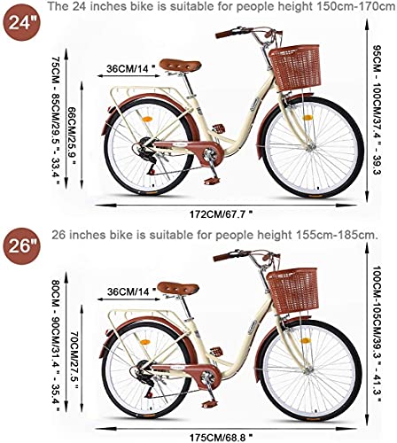 Wxnnx Bicicleta de Crucero de Playa para Mujer de y 7 velocidades, Estructura de Acero con Alto Contenido de Carbono, Cesta Delantera, Rejillas traseras, Bicicleta Retro clásica para Adultos,A,24in