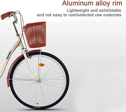 Wxnnx Bicicleta de Crucero de Playa para Mujer de y 7 velocidades, Estructura de Acero con Alto Contenido de Carbono, Cesta Delantera, Rejillas traseras, Bicicleta Retro clásica para Adultos,A,24in