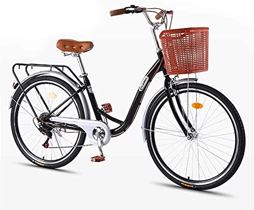 Wxnnx Bicicleta de Crucero de Playa para Mujer de y 7 velocidades, Estructura de Acero con Alto Contenido de Carbono, Cesta Delantera, Rejillas traseras, Bicicleta Retro clásica para Adultos,A,24in