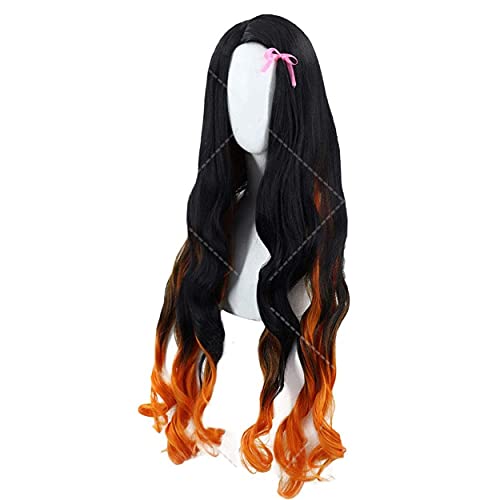 Wxypreey Anime Demon Slayer Kamado Nezuko Cosplay pelucas largo y rizado degradado negro naranja pelo sintético fiesta disfraz peluca + gorro de peluca