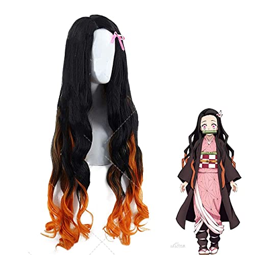 Wxypreey Anime Demon Slayer Kamado Nezuko Cosplay pelucas largo y rizado degradado negro naranja pelo sintético fiesta disfraz peluca + gorro de peluca