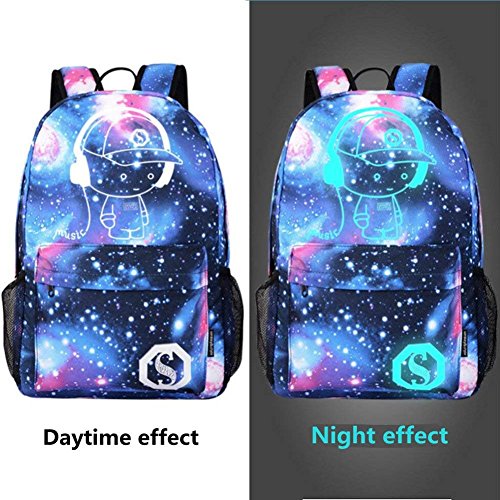 WYCY Anime Mochila Luminosa Mochila de Moda para Niñas con Puerto de Carga USB y Estuche de Lápices Luminoso, Mochila Escolar para Niños con Colgante de Llavero Bordado (Niño Azul Estrellado)