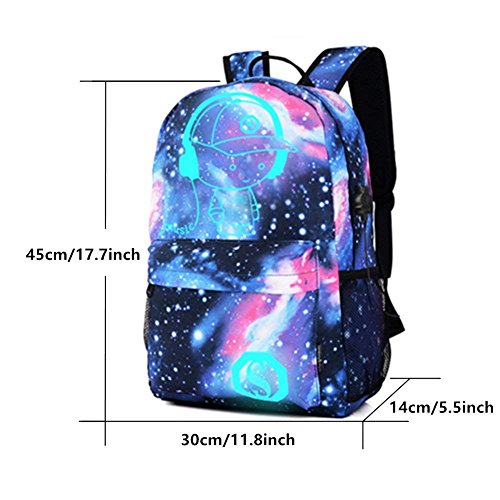 WYCY Anime Mochila Luminosa Mochila de Moda para Niñas con Puerto de Carga USB y Estuche de Lápices Luminoso, Mochila Escolar para Niños con Colgante de Llavero Bordado (Niño Azul Estrellado)