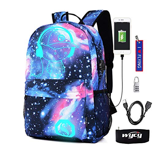 WYCY Anime Mochila Luminosa Mochila de Moda para Niñas con Puerto de Carga USB y Estuche de Lápices Luminoso, Mochila Escolar para Niños con Colgante de Llavero Bordado (Niño Azul Estrellado)