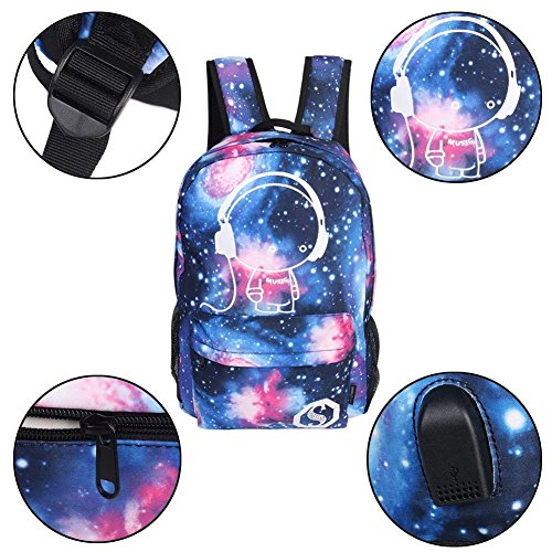 WYCY Anime Mochila Luminosa Mochila de Moda para Niñas con Puerto de Carga USB y Estuche de Lápices Luminoso, Mochila Escolar para Niños con Colgante de Llavero Bordado (Niño Azul Estrellado)