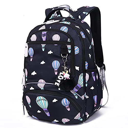 WYCY Mochila con Patrón Estampado para Niñas Bolsa de Viaje de Varios Compartimentos con Linda Bola de Piel de Conejo y Reflectante de Seguridad (Globo de Aire Caliente Negro)