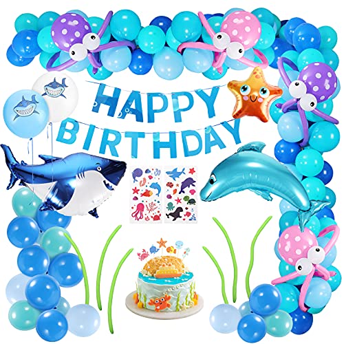 XDDIAS Decoraciones de Fiesta Cumpleaños, 101Pcs Globos de Fiesta Decoración del Tema Mar, Feliz Cumpleaños Banner para Niña Pequeña Niño(Azules y Blanco)