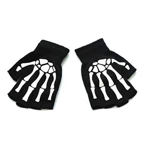 XIANZI Guantes unisex para adultos, diseño de esqueleto, sin dedos, para Halloween, sin dedos, elásticos, de punto