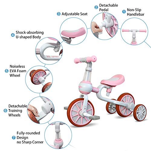 XIAPIA Triciclo Bebe 1 Año, 3 EN 1 Triciclos para Niños, Bicicleta sin Pedales para Niño 1-4 Años, Triciclos Niños 2 Años, Correpasillos de Equilibrio, Rosa