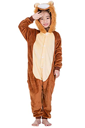 YAOMEI Niños Onesies Kigurumi Pijamas, Niña Traje Disfraz Capucha, Ropa de Dormir Halloween Cosplay Navidad Animales de Vestuario (100 para Niño Altura 90-100CM (35"-39"), A-León)