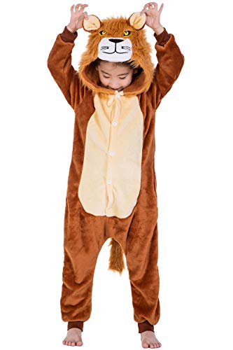 YAOMEI Niños Onesies Kigurumi Pijamas, Niña Traje Disfraz Capucha, Ropa de Dormir Halloween Cosplay Navidad Animales de Vestuario (100 para Niño Altura 90-100CM (35"-39"), A-León)