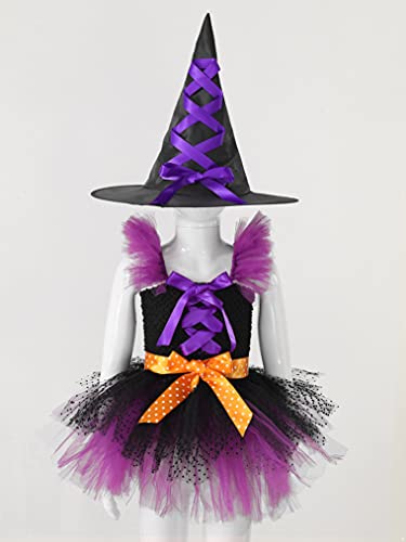 Yeahdor Disfraz de Bruja Niña Infantil Vestido Tutú Princesa Brillantes Estrellas con Sombrero Disfraz para Halloween Carnaval Cosplay Morado Morado A 2-3 años