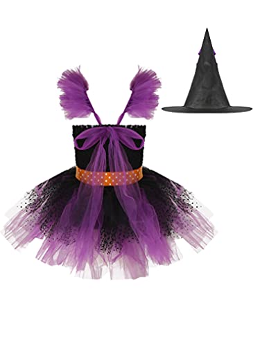 Yeahdor Disfraz de Bruja Niña Infantil Vestido Tutú Princesa Brillantes Estrellas con Sombrero Disfraz para Halloween Carnaval Cosplay Morado Morado A 2-3 años