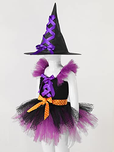 Yeahdor Disfraz de Bruja Niña Infantil Vestido Tutú Princesa Brillantes Estrellas con Sombrero Disfraz para Halloween Carnaval Cosplay Morado Morado A 2-3 años