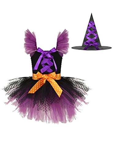 Yeahdor Disfraz de Bruja Niña Infantil Vestido Tutú Princesa Brillantes Estrellas con Sombrero Disfraz para Halloween Carnaval Cosplay Morado Morado A 2-3 años