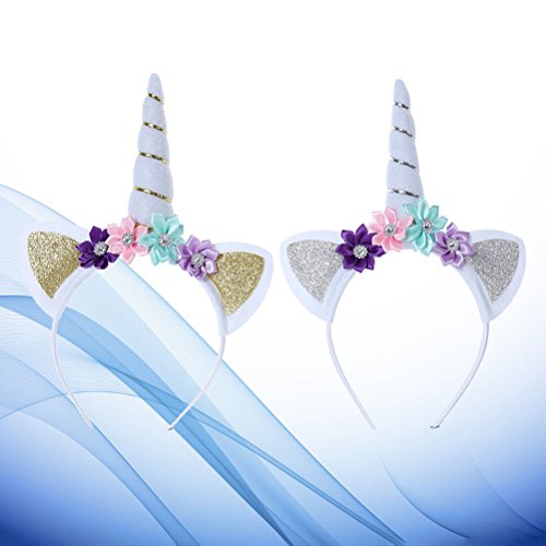 Yeahibaby 2 unicornios perlas florales perlas bandas para el cabello aros de oro y plata vendas del unicornio fiesta de cumpleaños suministros favores decoraciones para niñas (oro y plata)