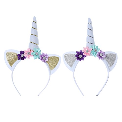 Yeahibaby 2 unicornios perlas florales perlas bandas para el cabello aros de oro y plata vendas del unicornio fiesta de cumpleaños suministros favores decoraciones para niñas (oro y plata)