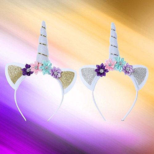 Yeahibaby 2 unicornios perlas florales perlas bandas para el cabello aros de oro y plata vendas del unicornio fiesta de cumpleaños suministros favores decoraciones para niñas (oro y plata)