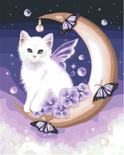 YEESAM ART Novedosos cuadros por números para adultos y niños – Luna Ángel gato 30 x 50 cm lona lona – DIY pintura al óleo pintura regalo Navidad