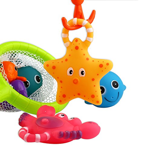 YeoNational Toys Juguetes de Baño, Juguetes de Pesca y Cuchara de Agua Flotantes con Bolsa Organizadora, Muñecos de Goma Blanditos para Apretar y Lanzar Agua Juego de Caña y Red para Bañera o Piscina