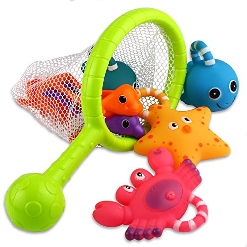 YeoNational Toys Juguetes de Baño, Juguetes de Pesca y Cuchara de Agua Flotantes con Bolsa Organizadora, Muñecos de Goma Blanditos para Apretar y Lanzar Agua Juego de Caña y Red para Bañera o Piscina