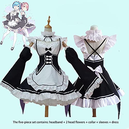 YIPUTONG Disfraces de sirvienta de Lolita Disfraz de Cosplay de Rem Ram La Vida en un Mundo Diferente de Zero Maid Disfraces de Cosplay de sirvienta de Halloween Vestido de Lolita Blanco y Negro