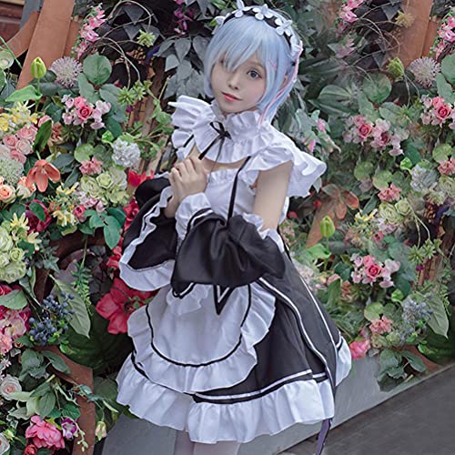 YIPUTONG Disfraces de sirvienta de Lolita Disfraz de Cosplay de Rem Ram La Vida en un Mundo Diferente de Zero Maid Disfraces de Cosplay de sirvienta de Halloween Vestido de Lolita Blanco y Negro