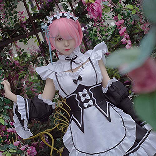 YIPUTONG Disfraces de sirvienta de Lolita Disfraz de Cosplay de Rem Ram La Vida en un Mundo Diferente de Zero Maid Disfraces de Cosplay de sirvienta de Halloween Vestido de Lolita Blanco y Negro