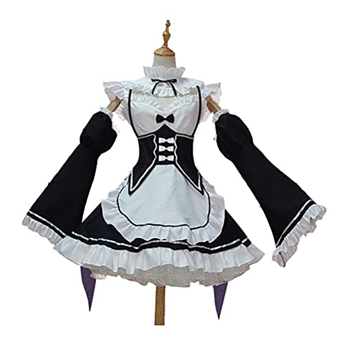 YIPUTONG Disfraces de sirvienta de Lolita Disfraz de Cosplay de Rem Ram La Vida en un Mundo Diferente de Zero Maid Disfraces de Cosplay de sirvienta de Halloween Vestido de Lolita Blanco y Negro