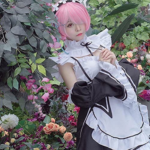 YIPUTONG Disfraces de sirvienta de Lolita Disfraz de Cosplay de Rem Ram La Vida en un Mundo Diferente de Zero Maid Disfraces de Cosplay de sirvienta de Halloween Vestido de Lolita Blanco y Negro