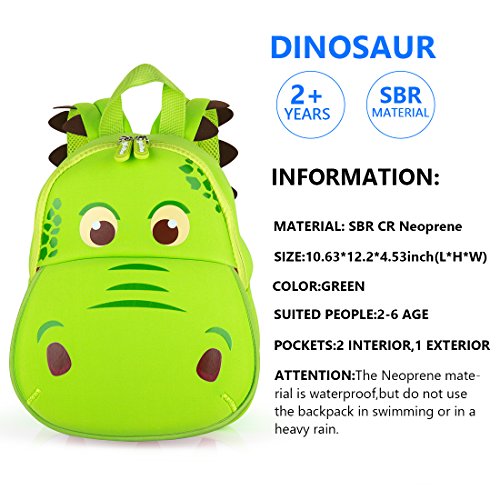 yisibo Mochila Infantil, Mochila para Niños de Dinosaurios Pequeños/Niñas Mochila 3D Bolsa De Mochilas para Niños Kindergarten,Mochila De Guardería 2-6 Años(Boca Grande Dinosaurio-Verde)