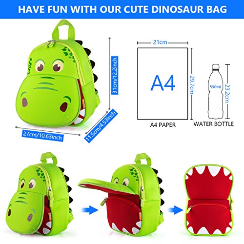 yisibo Mochila Infantil, Mochila para Niños de Dinosaurios Pequeños/Niñas Mochila 3D Bolsa De Mochilas para Niños Kindergarten,Mochila De Guardería 2-6 Años(Boca Grande Dinosaurio-Verde)