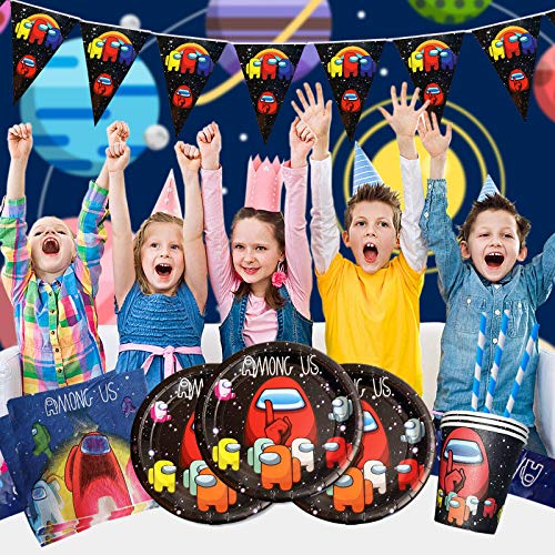 Yisscen Juego de vajilla para fiestas, decoración de cumpleaños para niños, fiestas de cumpleaños infantiles, platos, tazas, servilletas, manteles, pajitas, banners (52 piezas)