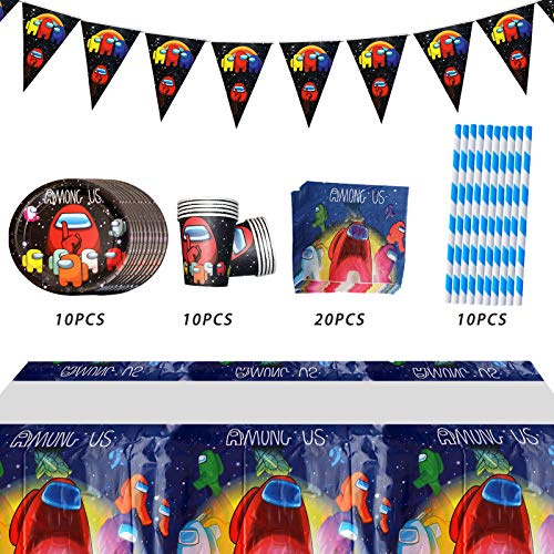 Yisscen Juego de vajilla para fiestas, decoración de cumpleaños para niños, fiestas de cumpleaños infantiles, platos, tazas, servilletas, manteles, pajitas, banners (52 piezas)