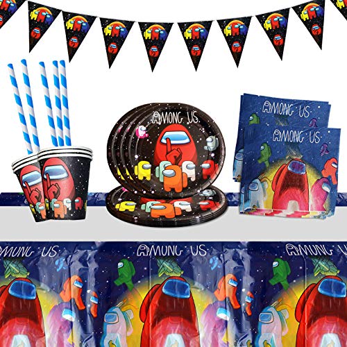 Yisscen Juego de vajilla para fiestas, decoración de cumpleaños para niños, fiestas de cumpleaños infantiles, platos, tazas, servilletas, manteles, pajitas, banners (52 piezas)