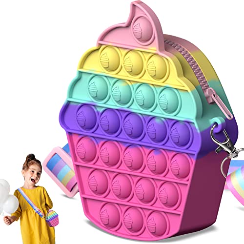 YOGINGO Pop Push It Borso, POPI Fidget Toy Bolsa de Mensajero, 2 en 1 Popit Bolso de Mano de Juguetes Sensoriales Antiestrés con Bandolera de Longitud Ajustable para Niños y Adultos (Helado)