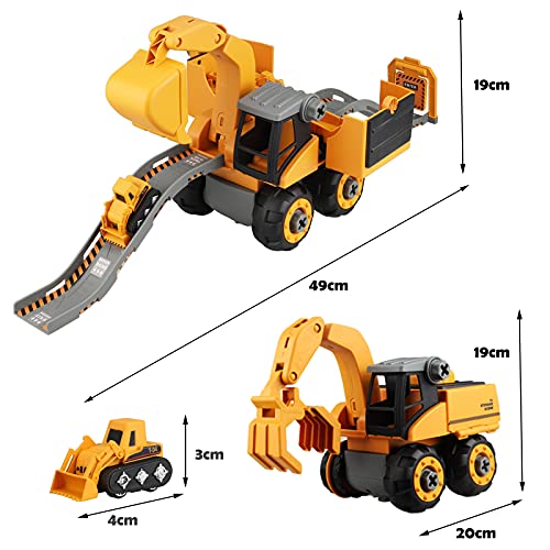 Yojoloin Take Apart Juguetes de construcción con Taladro eléctrico vehículos construcción 4 en 1 con 4 Mini Camiones y tobogán Tractor excavador Bricolaje Juguetes educativos Regalo para niños niñas