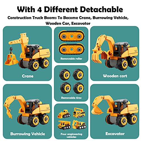 Yojoloin Take Apart Juguetes de construcción con Taladro eléctrico vehículos construcción 4 en 1 con 4 Mini Camiones y tobogán Tractor excavador Bricolaje Juguetes educativos Regalo para niños niñas